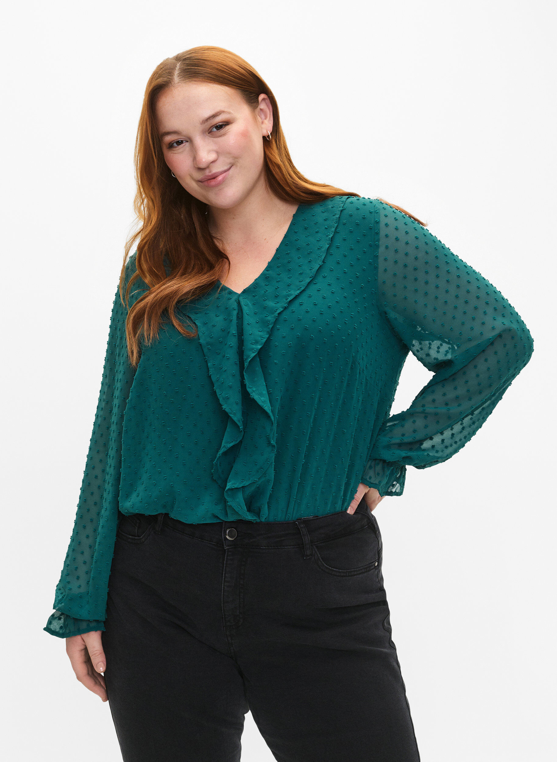 Zizzi Blouse met ruches en gestippelde structuur, Shaded Spruce, Model image number 0