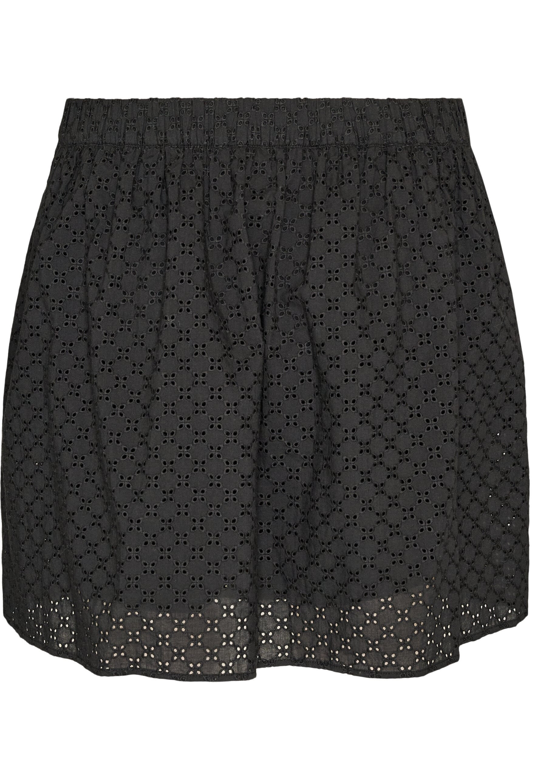 ZizziKorte rok met broderie anglaise en elastische tailleband, Zwart, Packshot image number 1