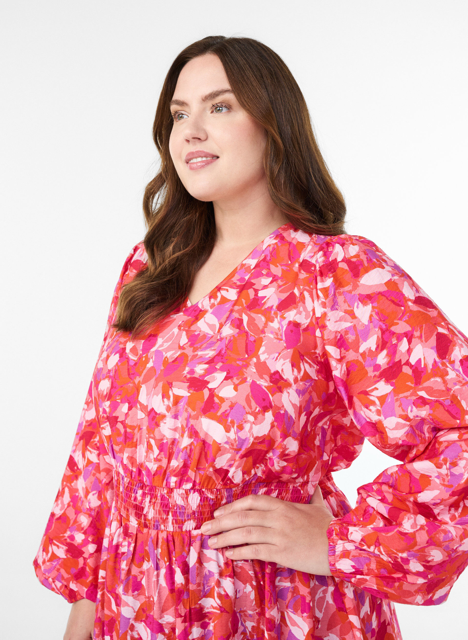 Zizzi Midi-jurk met kleurrijk bladerenpatroon, Roze, Model image number 3