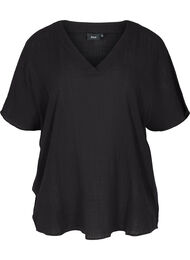 Katoenen blouse met korte mouwen en v-hals, Black