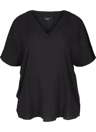 Katoenen blouse met korte mouwen en v-hals, Black, Packshot image number 0