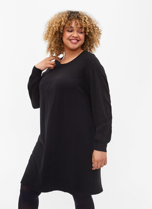 Gebreide jurk met ballonmouwen, Black Solid, Model image number 0