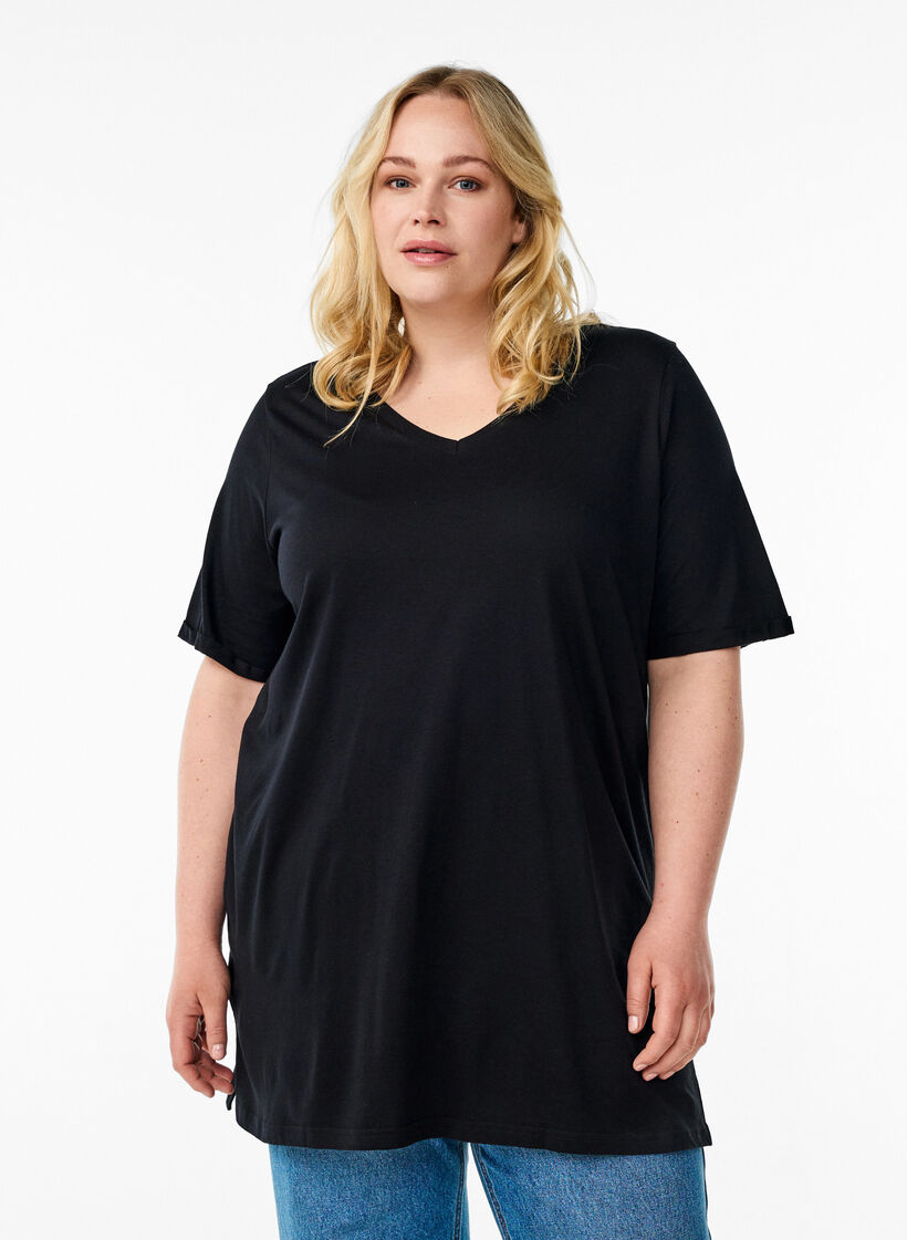 Effen kleur oversized v-hals t-shirt, Zwart, Model image number 0
