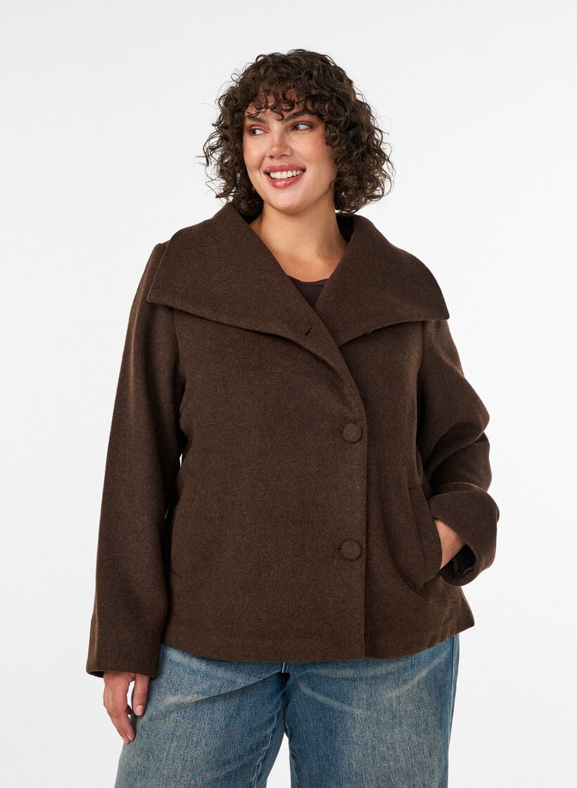 Korte jas met asymmetrische knoopsluiting, Bruin, Model image number 0
