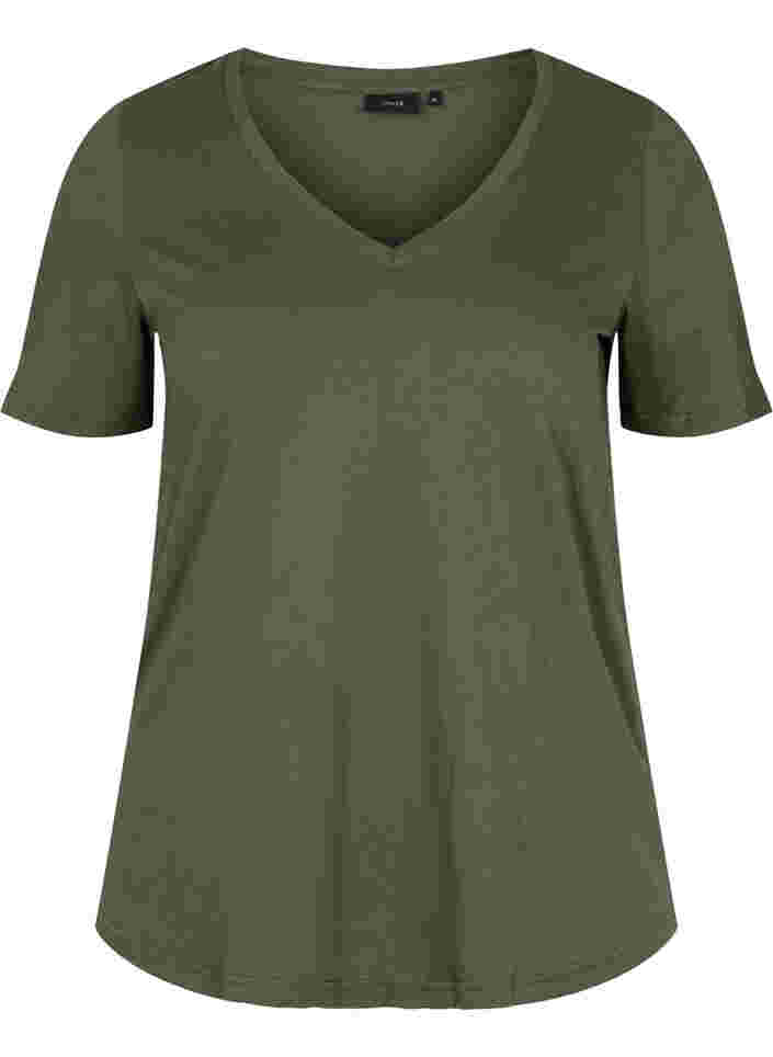 T-shirt in biologisch katoen met v-hals, Thyme, Packshot image number 0