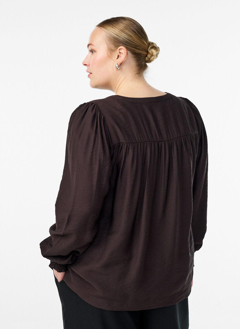 Viscose blouse met smock en geplooide details, Bruin, Model image number 2