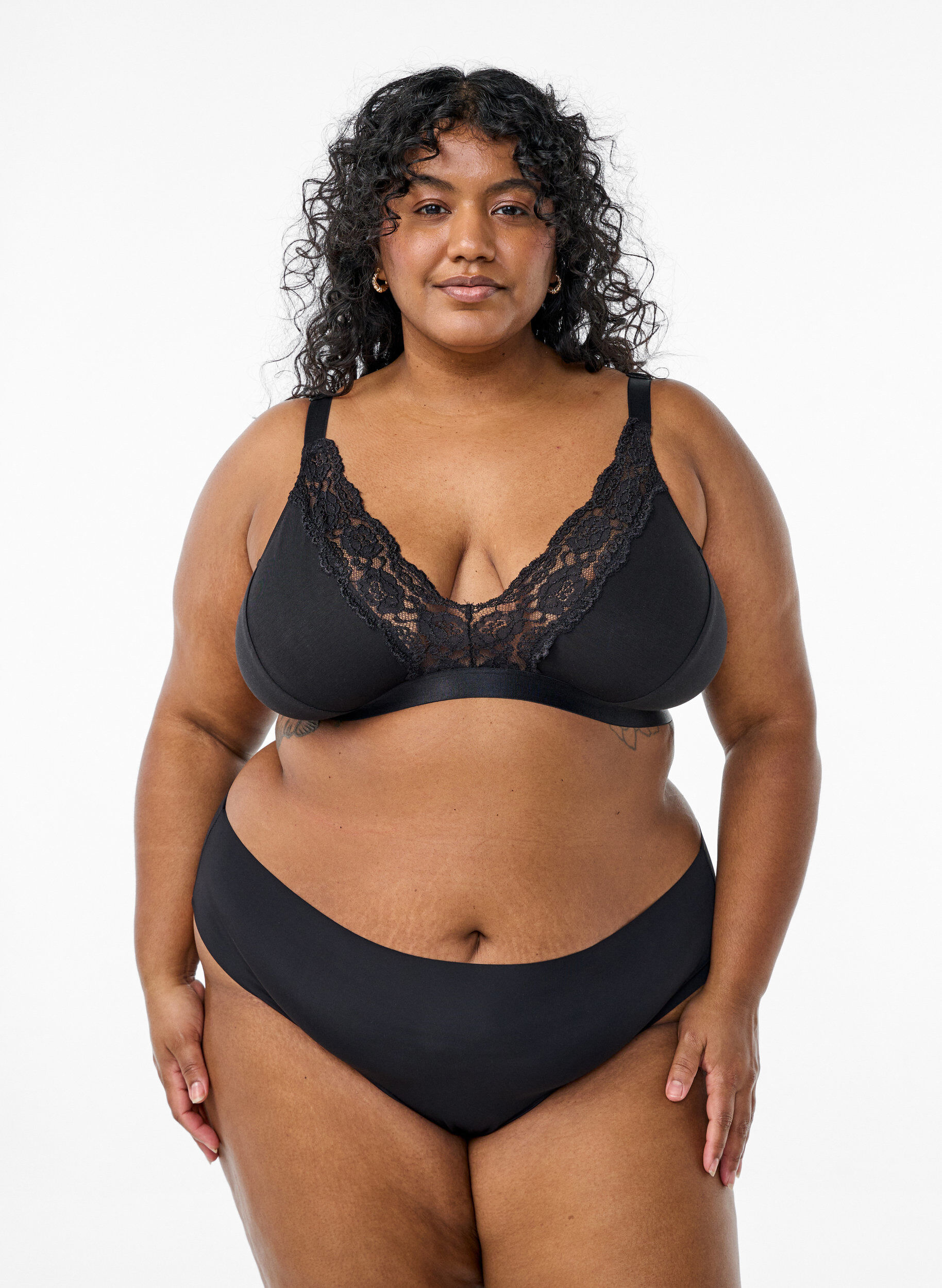 Zizzi Bralette van katoen met kant, Zwart, Model image number 1