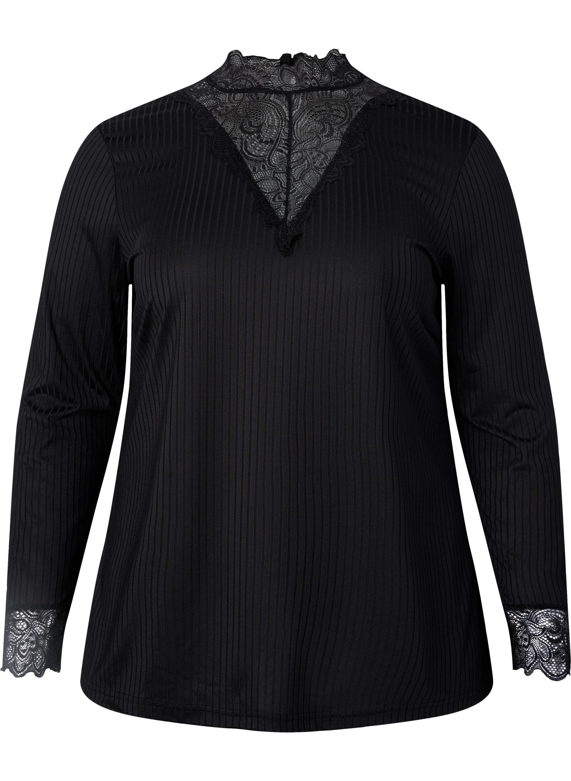 Zizzi Blouse met kant en lange mouwen, Black, Packshot image number 0