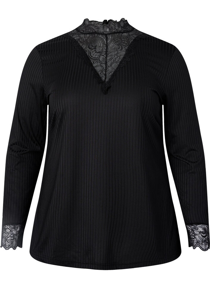 Blouse met kant en lange mouwen, Black, Packshot image number 0