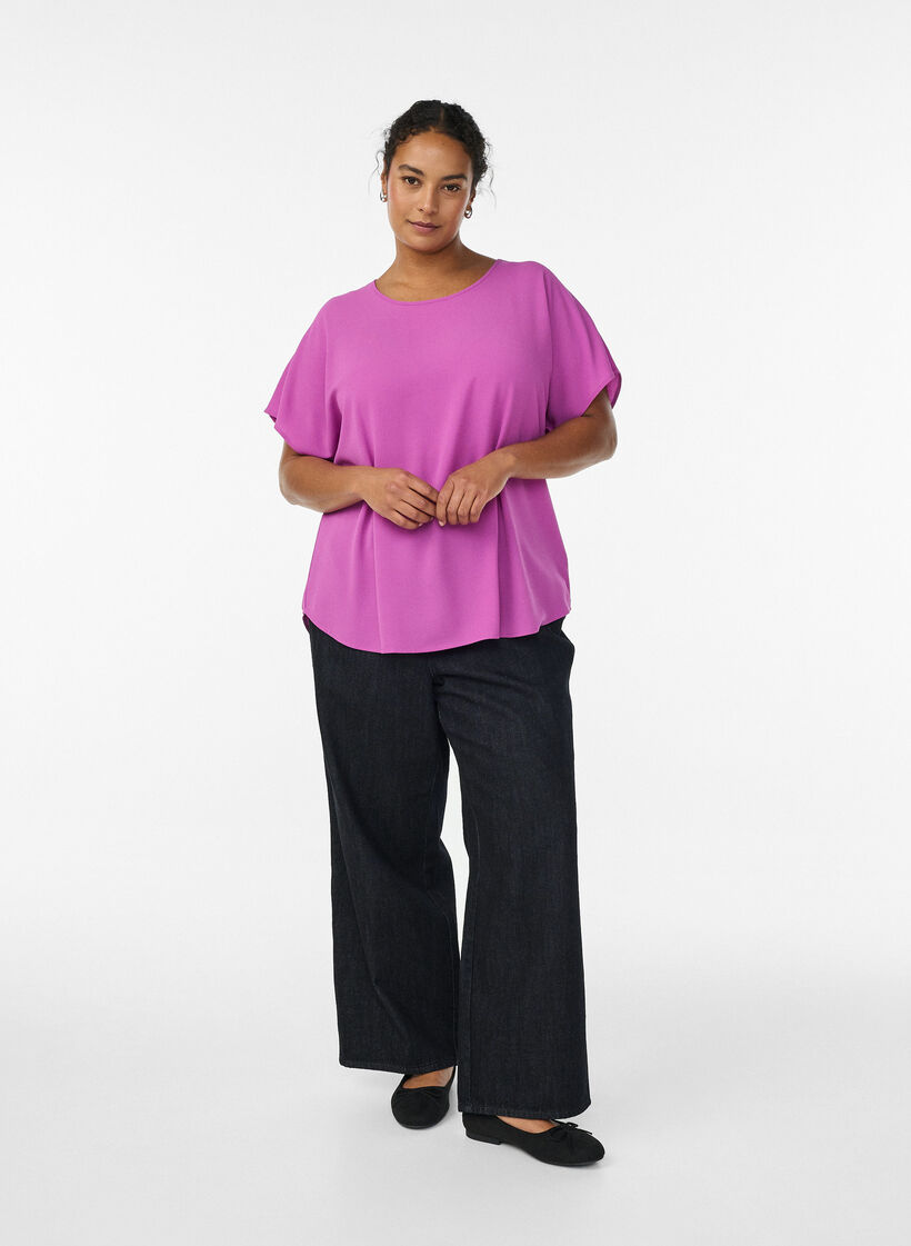 Blouse met korte mouwen en een ronde halslijn, Paars, Model image number 1
