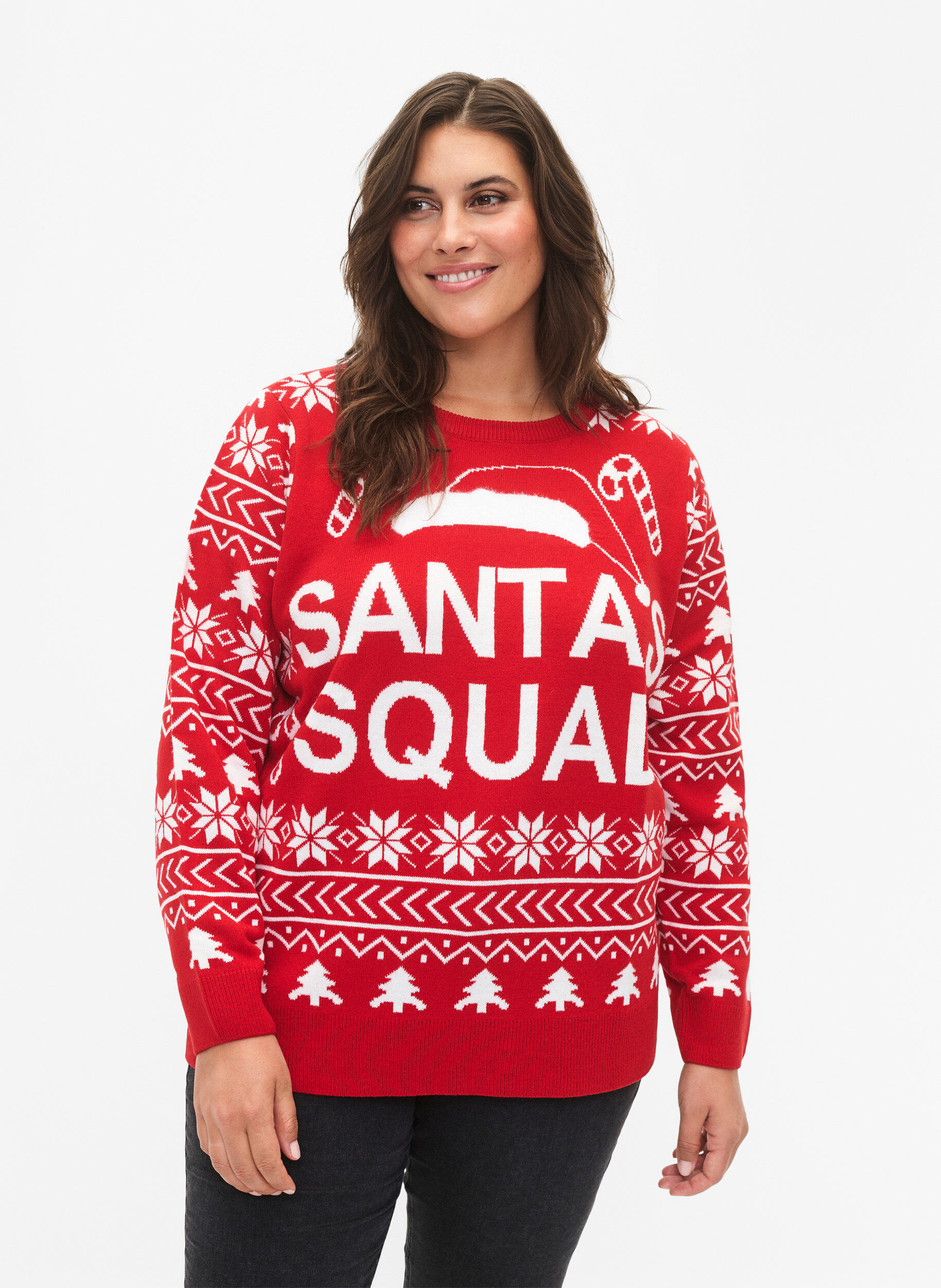 Zizzi Trui met kerstpatroon, Tango Red, Model image number 0