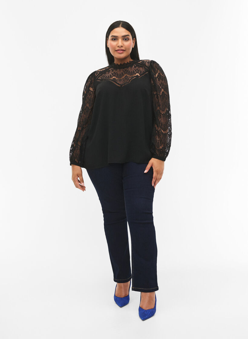 Blouse met lange mouwen en kant, Black, Model image number 2