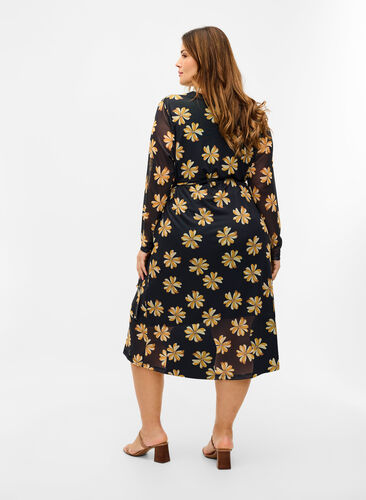Mesh jurk met print en overslag, Black w Yellow, Model image number 1