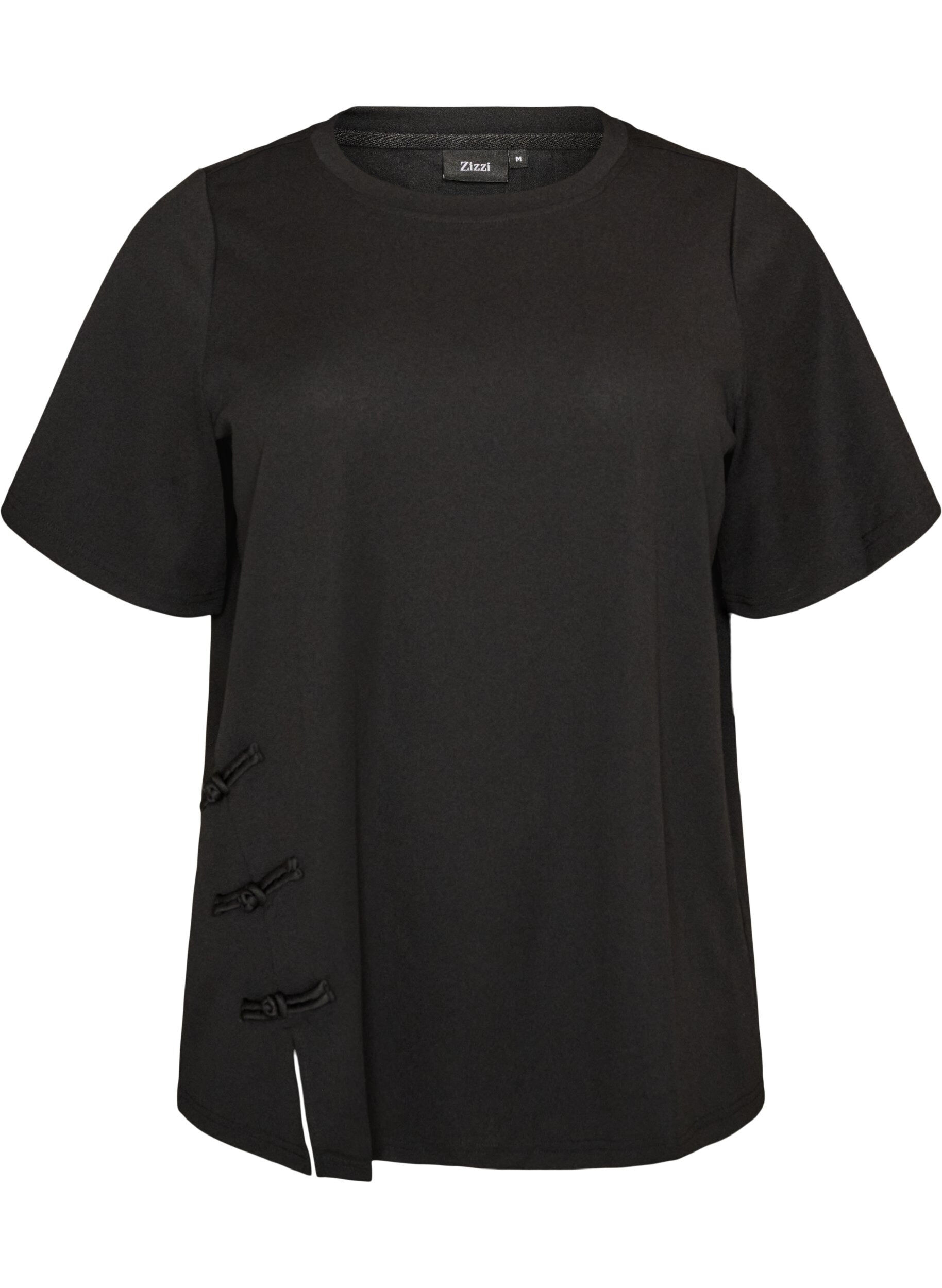 ZizziT-shirt met splitjes en decoratieve knoopsluitingen, Zwart, Packshot image number 0