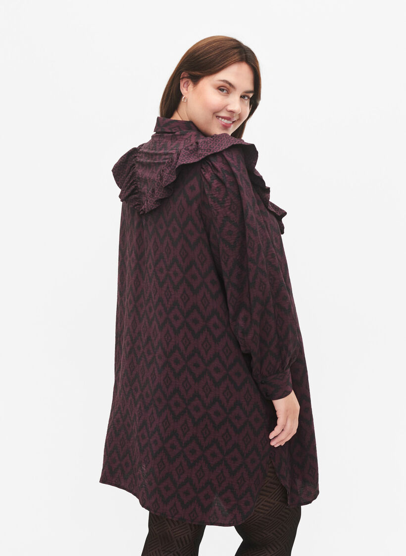 Lange viscose shirt met print en franjes, Winetasting w. Black, Model image number 1