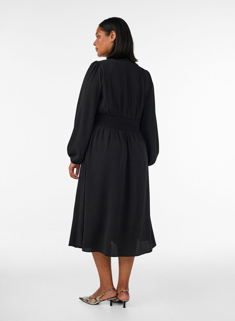 Midi-jurk met smock en decoratieve knopen, Zwart, Model image number 1