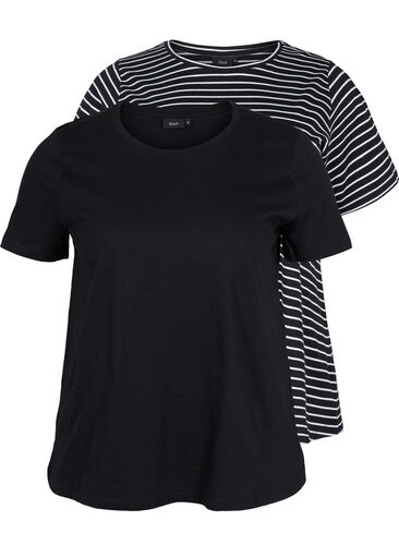 Set van 2 basic t-shirts in katoen, Black/Black Stripe, Packshot image number 0