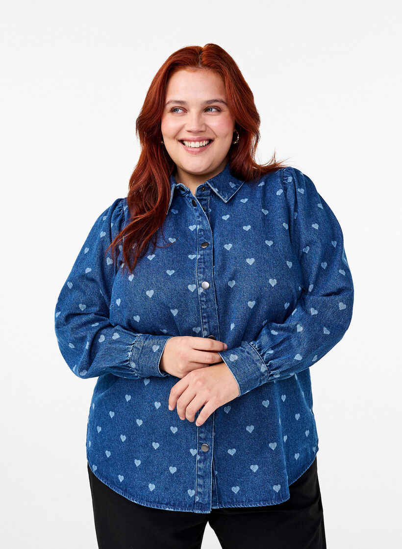 Denim shirt met hartjes, L. Blue D. W. Heart, Model image number 0