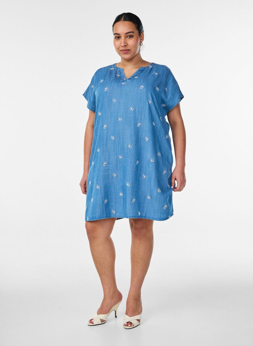 Lyocell jurk met een denimlook en geborduurde bloemen, Blauw, Model image number 1