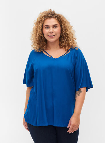 Viscose blouse met korte mouwen en touwtjes detail, Classic Blue, Model image number 0