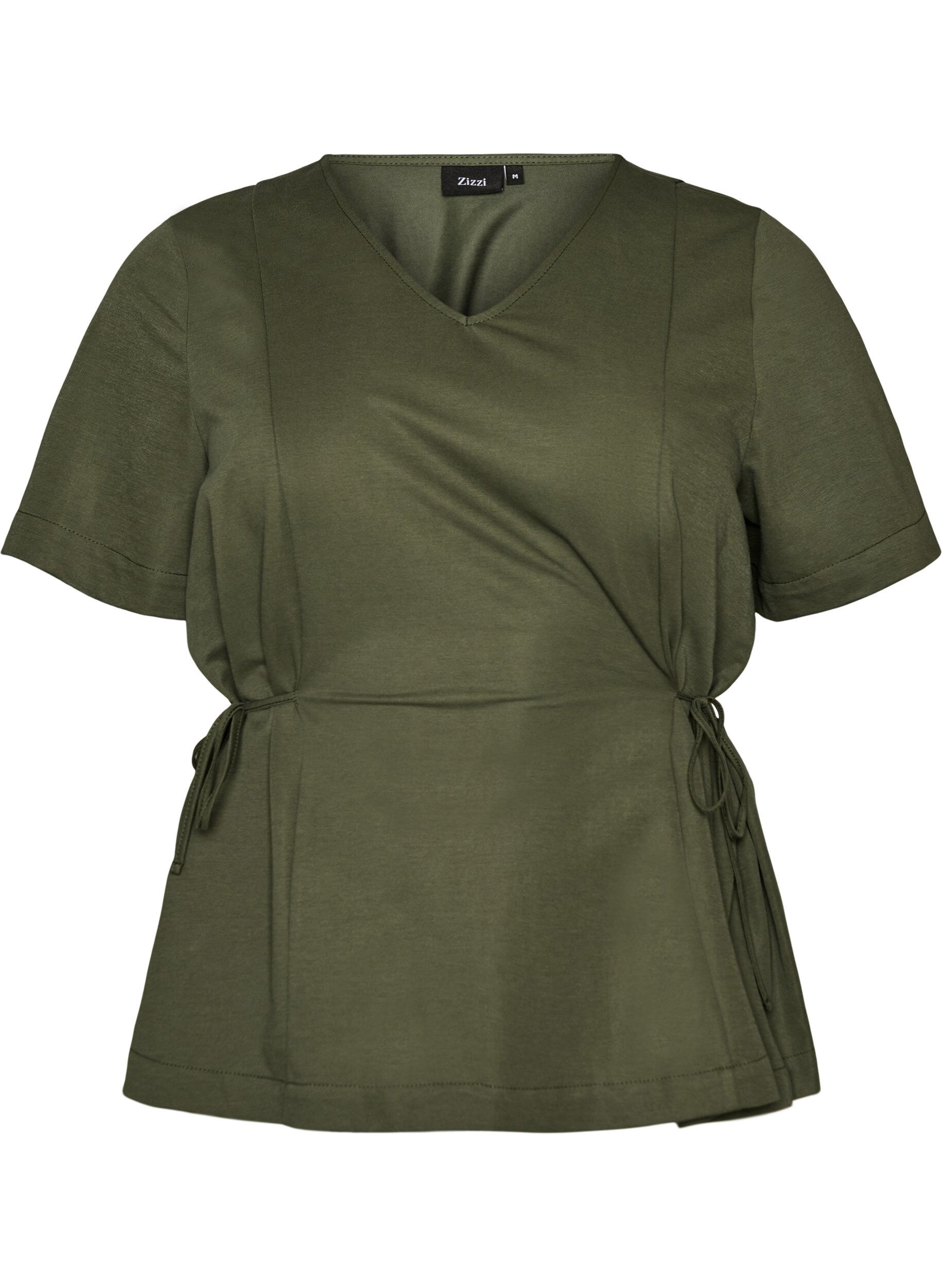 ZizziBlouse in een katoenmix met V-hals en striklint, Groen, Packshot image number 0