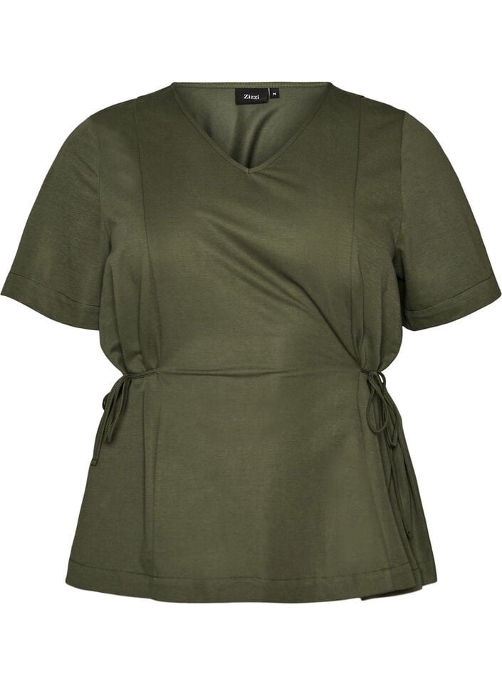 Blouse in een katoenmix met V-hals en striklint, Groen, Packshot image number 0