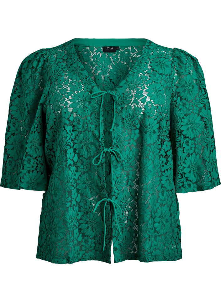 Kanten blouse met 3/4 mouwen en strikjes aan de voorkant, Groen, Packshot image number 0