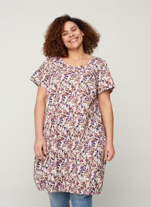 Katoenen jurk met korte mouwen en print, Powder Pink AOP, Model image number 0