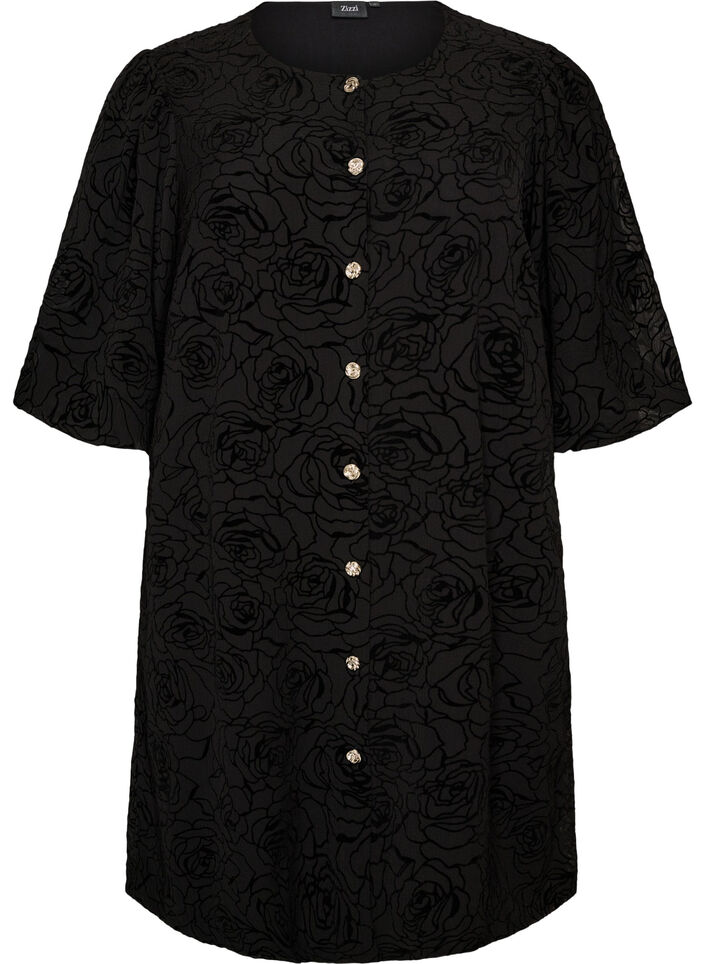 Korte jurk met rozenprint en knopen, Zwart, Packshot image number 0