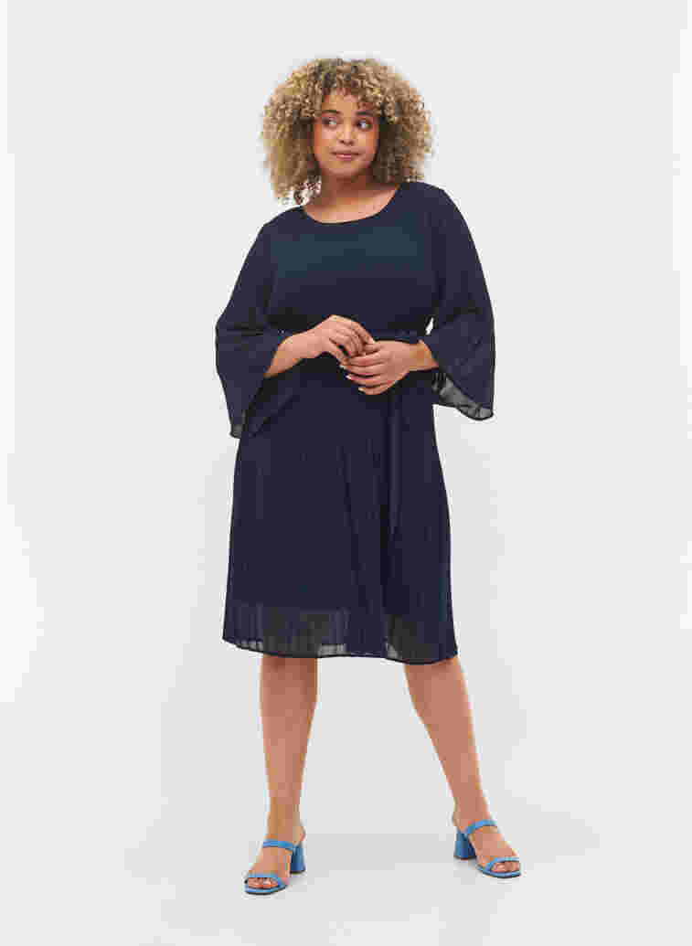 Geplooide jurk met strikceintuur, Navy Blazer, Model image number 1