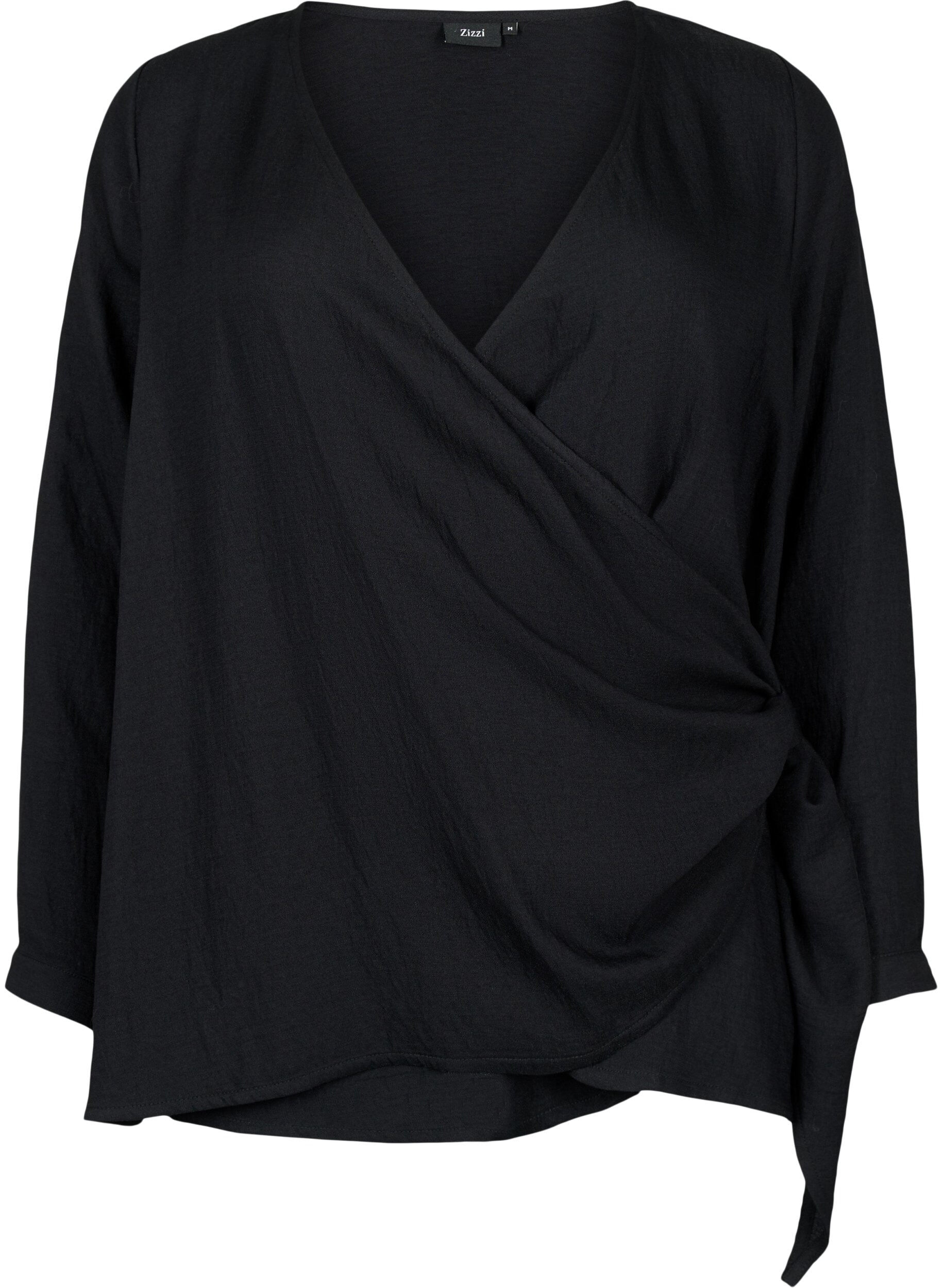 Zizzi Blouse met lange mouwen in viscose met een wikkel-look, Black, Packshot image number 0