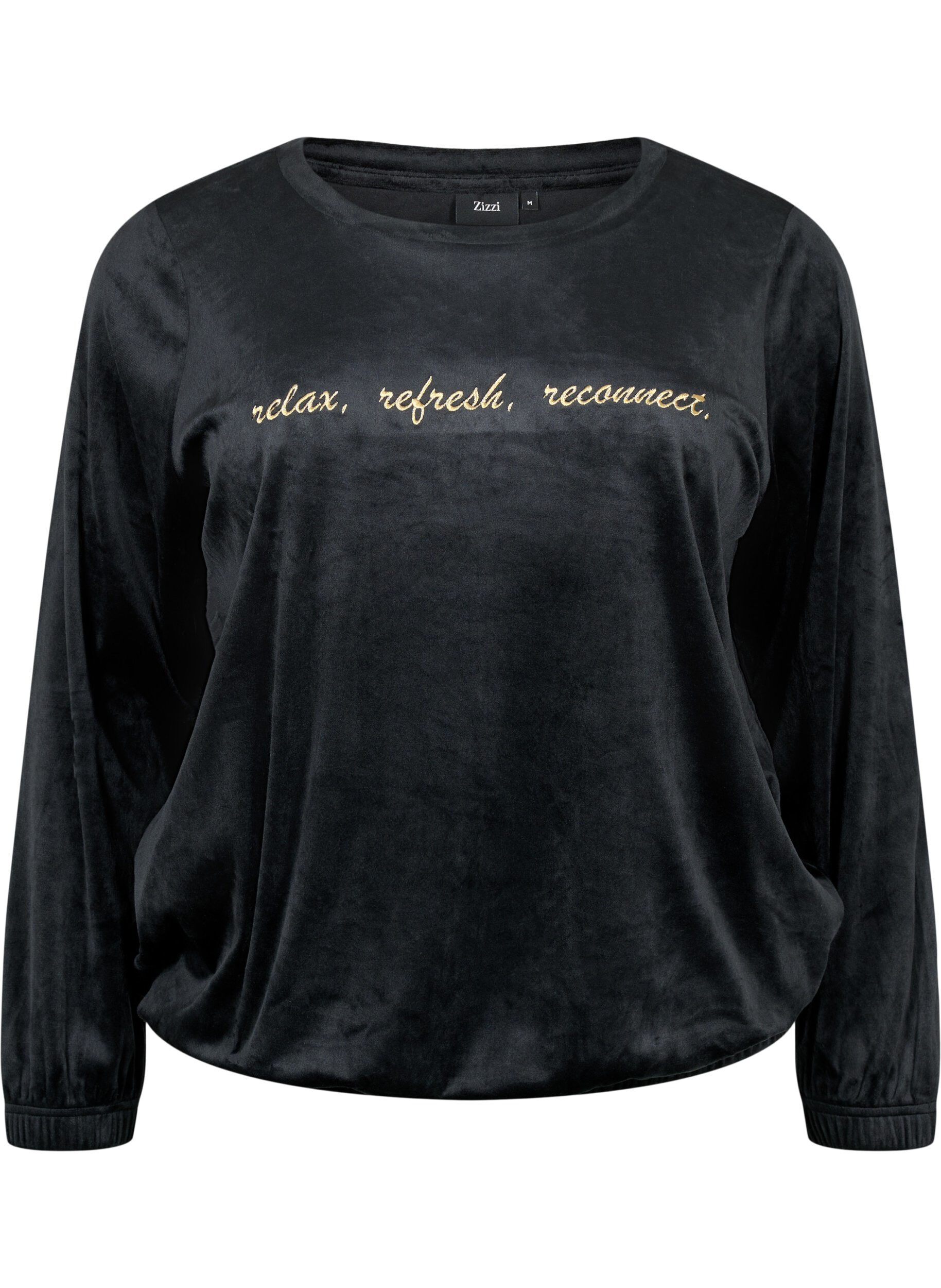 Zizzi Velour Blouse met geborduurd tekst, Black, Packshot image number 0
