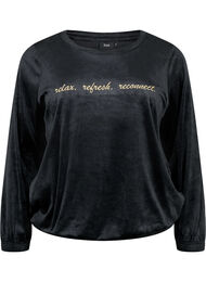 Velour Blouse met geborduurd tekst, Black