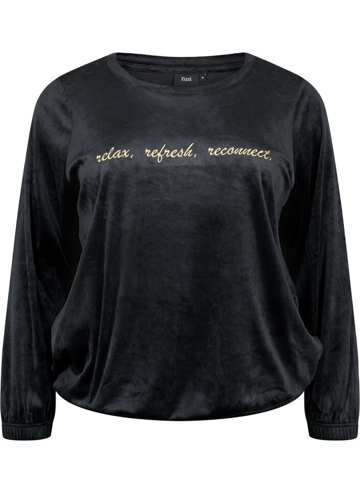 Velour Blouse met geborduurd tekst, Black, Packshot image number 0