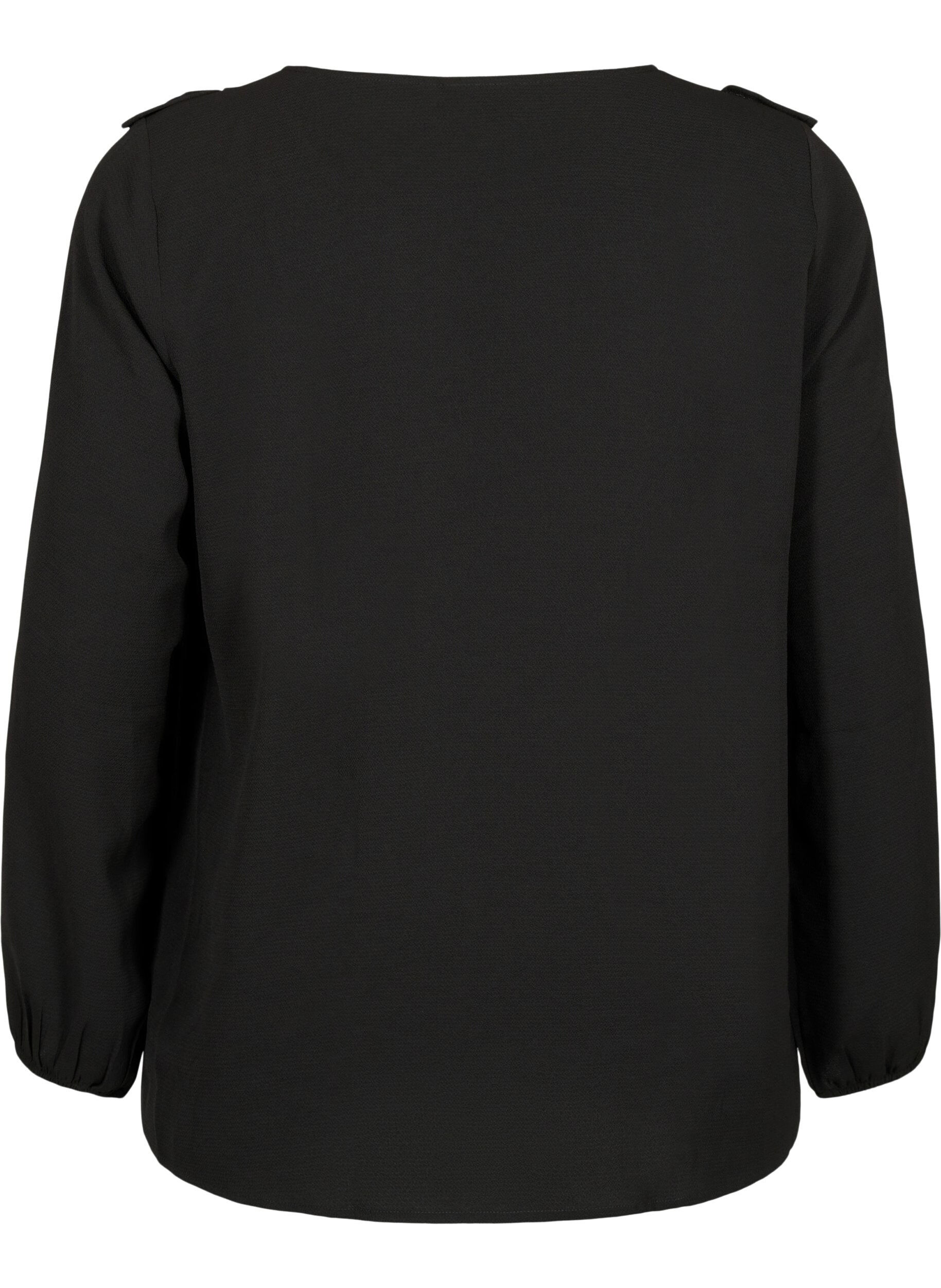 Zizzi Blouse met lange mouwen en ruches, Black, Packshot image number 1