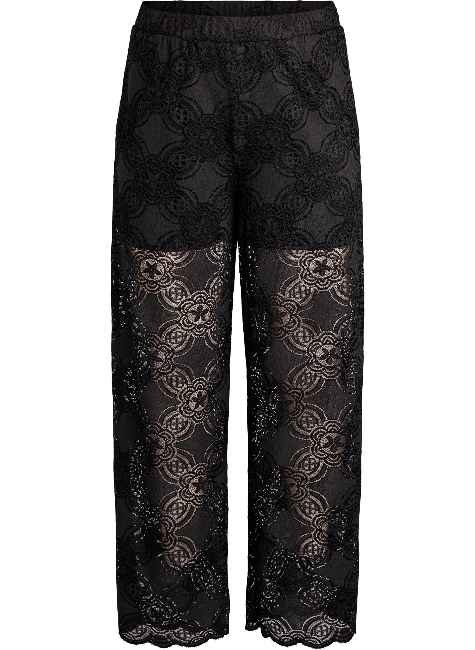 Zizzi High-waisted kanten broek met wijde pijpen, Zwart, Packshot image number 0