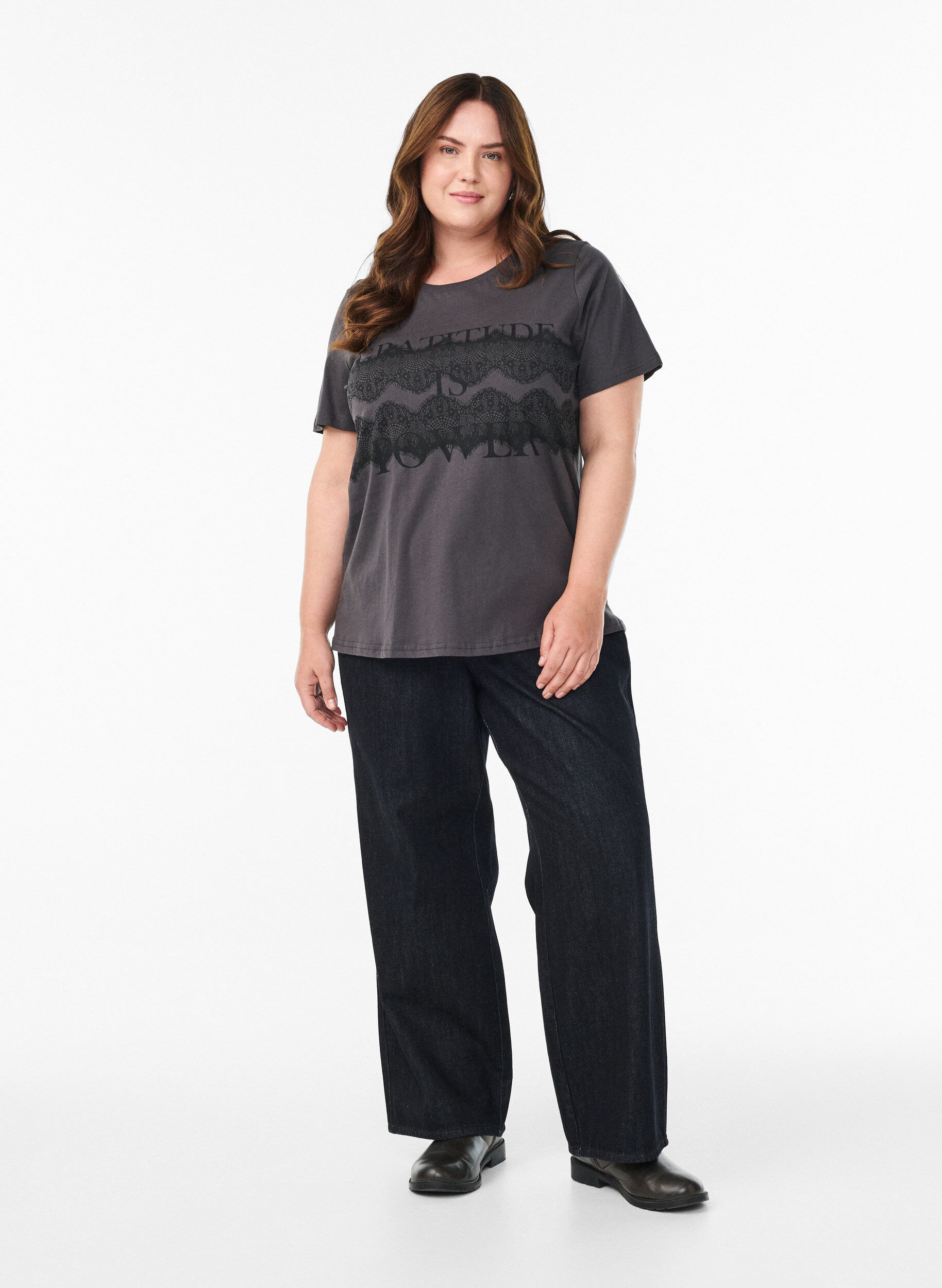 Zizzi Katoenen T-shirt met print op de voorkant, Grijs, Model image number 1