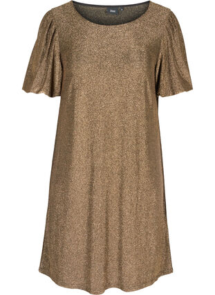 jurk met glitters en korte pofmouwen, Gold, Packshot image number 0