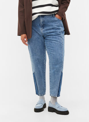 Geknipte Mille mom jeans met colour-block, Blue denim, Model image number 3