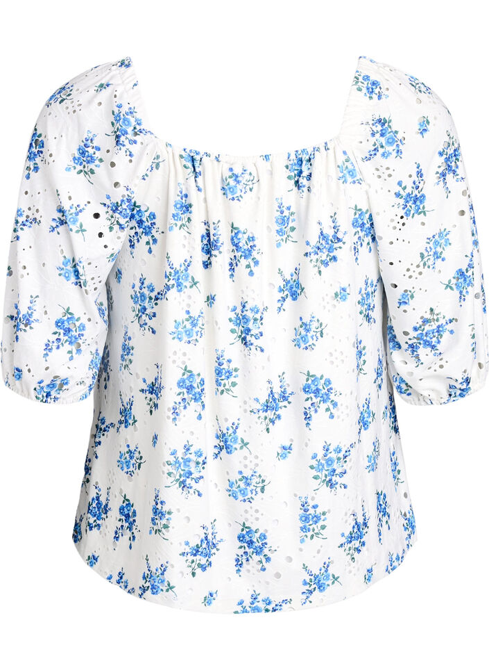 Bloemenblouse met een vierkante halslijn en ajourborduursel, Wit, Packshot image number 1