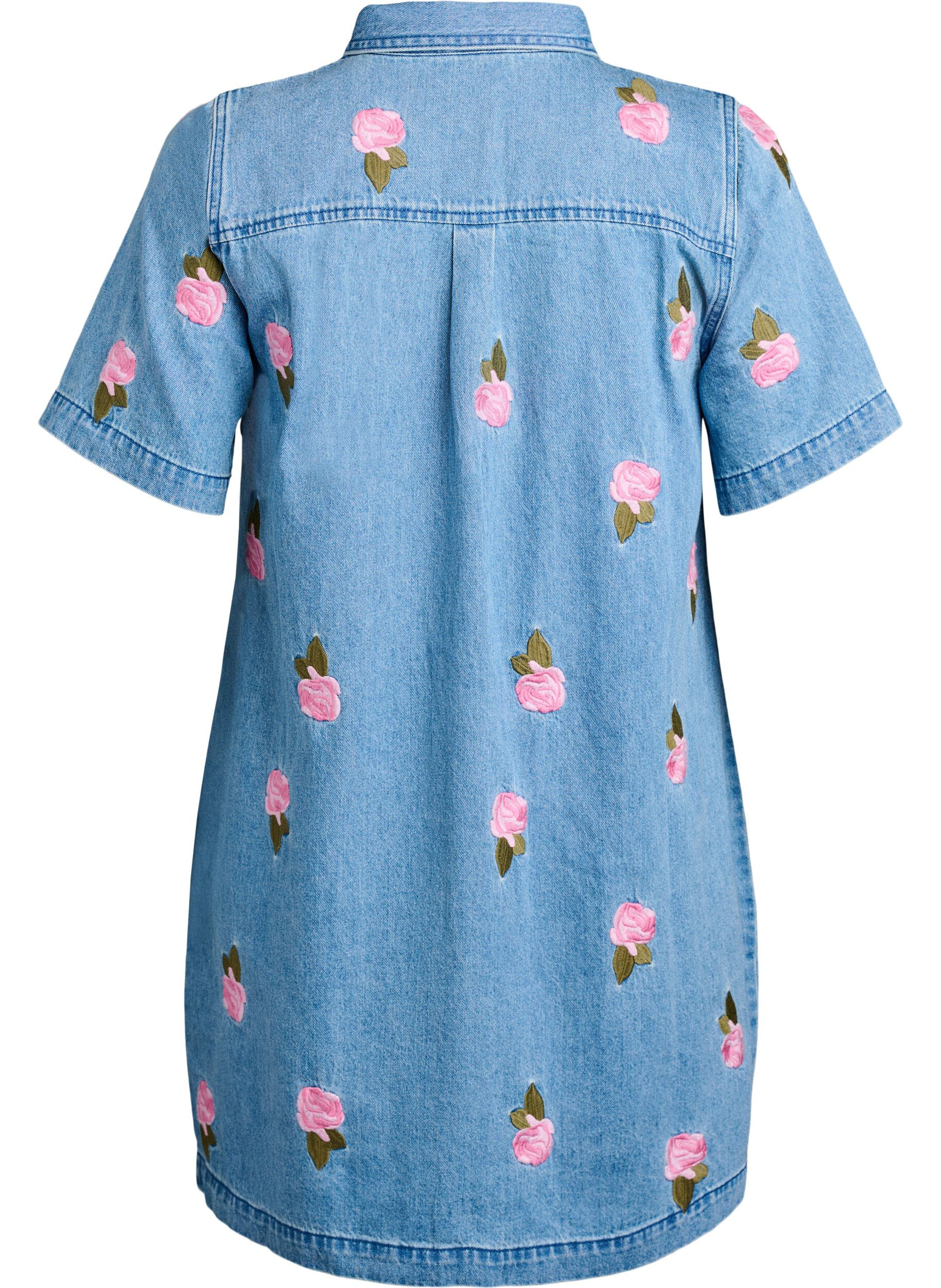 Zizzi Korte denim jurk met geborduurde bloemen, Blauw, Packshot image number 1