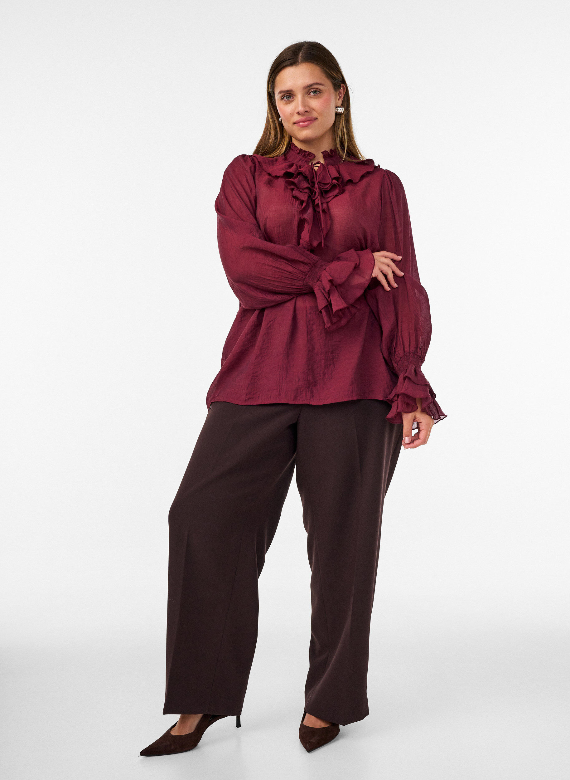 ZizziViscose blouse met ruches en lange mouwen, Rood, Model image number 1