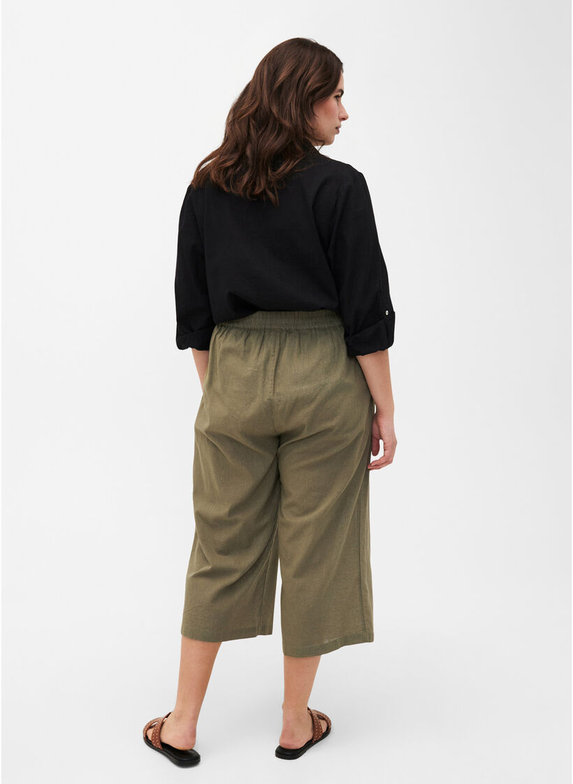 Broek van 7/8 katoenmix met linnen, Deep Lichen Green, Model image number 1