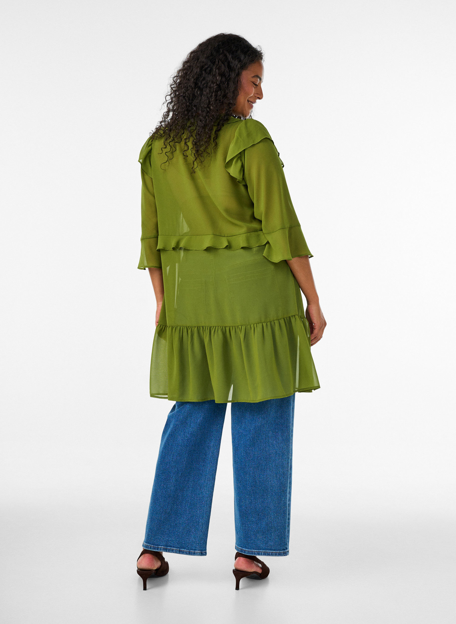 ZizziLichtgewicht jurk met ruches en een V-hals, Groen, Model image number 2