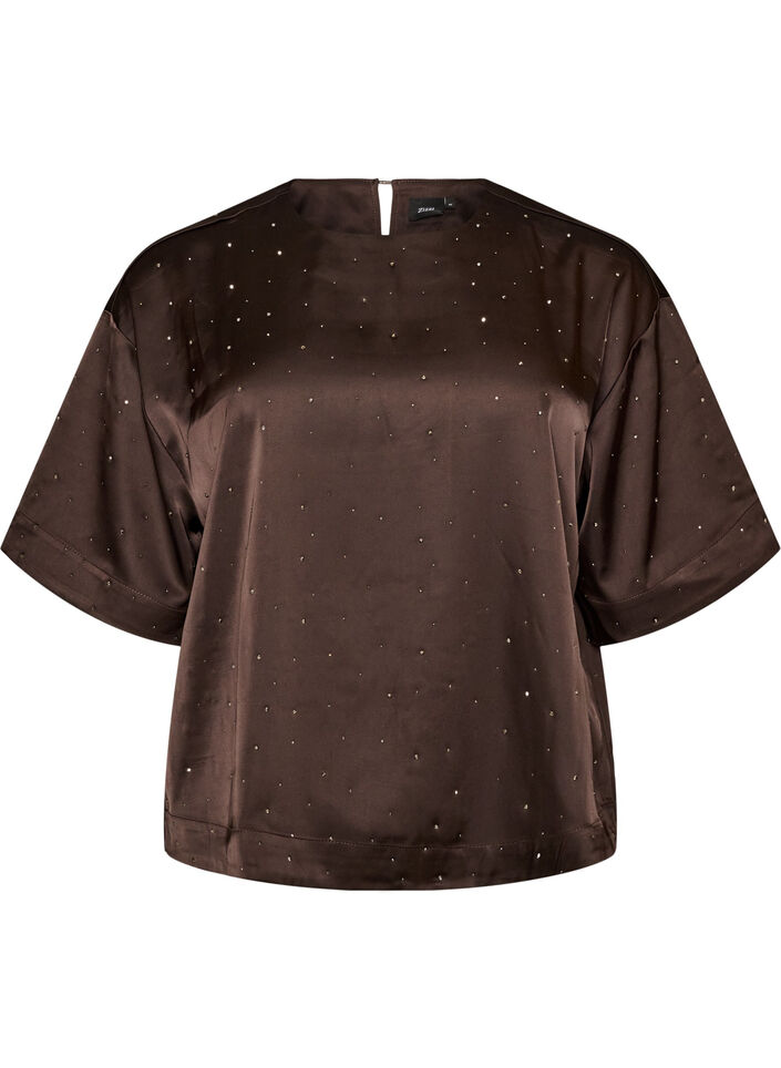Satijnen blouse met strass en elleboogmouwen, Bruin, Packshot image number 0