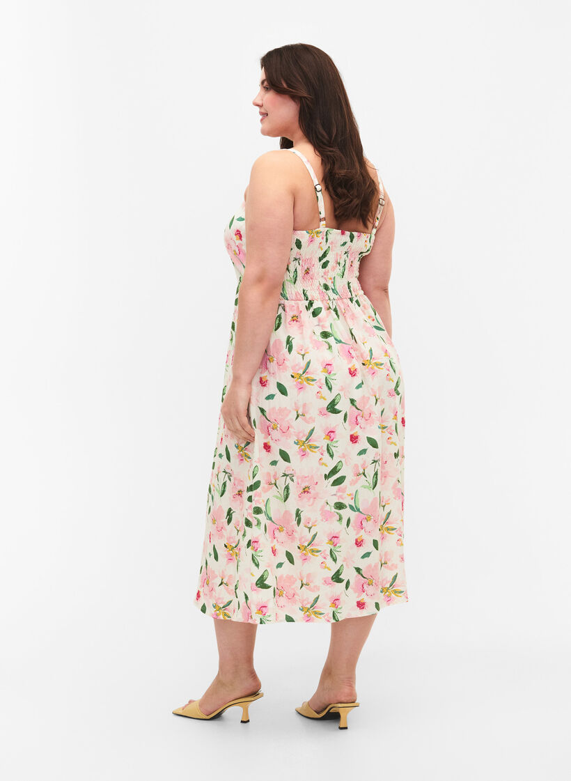 Gebloemde viscose strappy jurk met smock, Off White Flower, Model image number 1