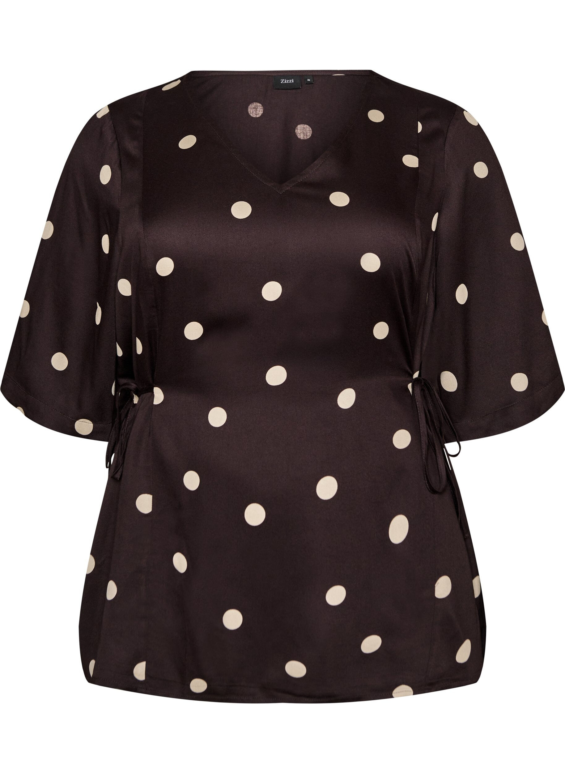 ZizziPolkadot viscose blouse met V-hals en striksluiting, Bruin, Packshot image number 0