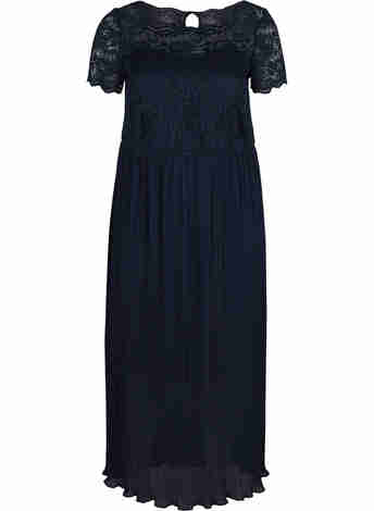 Maxi-jurk met korte mouwen, plissé en kant