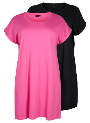 2-pack katoenen jurk met korte mouwen, Shocking Pink/Black, Packshot image number 0