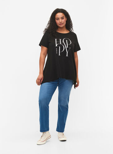 T-shirt van katoen met tekstopdruk, Black HAPPY, Model image number 2